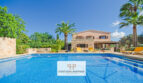 Finca Felanitx: Gran piscina con vistas a casa de campo mediterránea, palmeras y vegetación exuberante