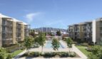 Moderno complejo de nueva construcción en Palmanova con piscina, jardín y vistas a la montaña, rodeado de dos edificios residenciales.