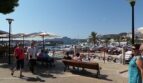 Hafenpromenade Cala Ratjada mit Booten, Palmen und Restaurants – direkte Lage der Mietwohnung am Hafen Mallorca.