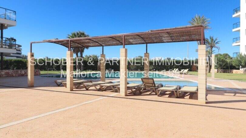 Poolbereich mit Pergola und Liegestühlen der Neubauanlage Residencial Tamarell in Sa Coma, Mallorca.