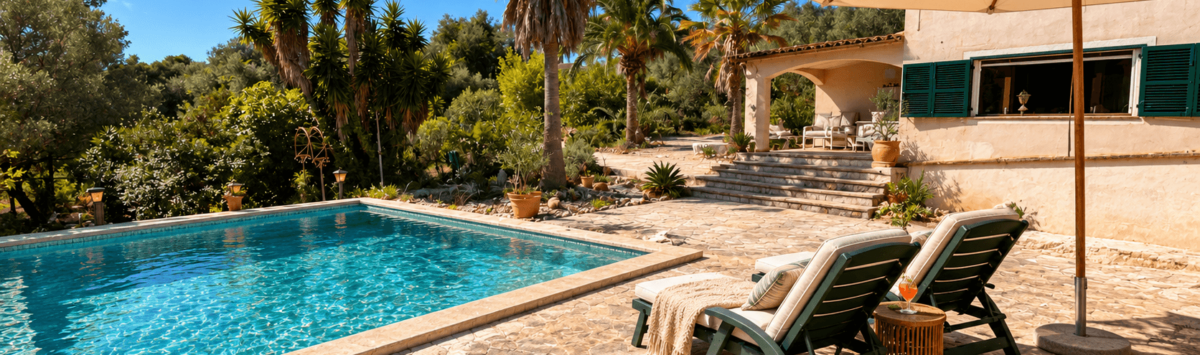 Piscina soleada con tumbonas y sombrilla, finca mediterránea rodeada de palmeras en Algaida