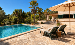 Piscina soleada con tumbonas y sombrilla, finca mediterránea rodeada de palmeras en Algaida