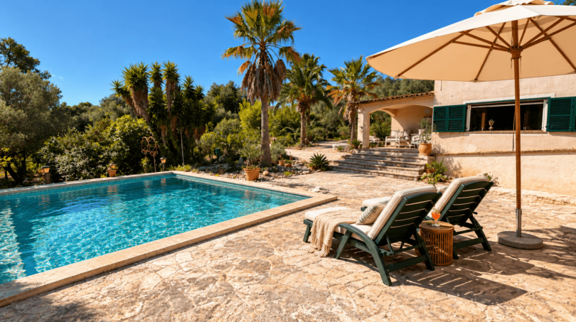 Piscina soleada con tumbonas y sombrilla, finca mediterránea rodeada de palmeras en Algaida