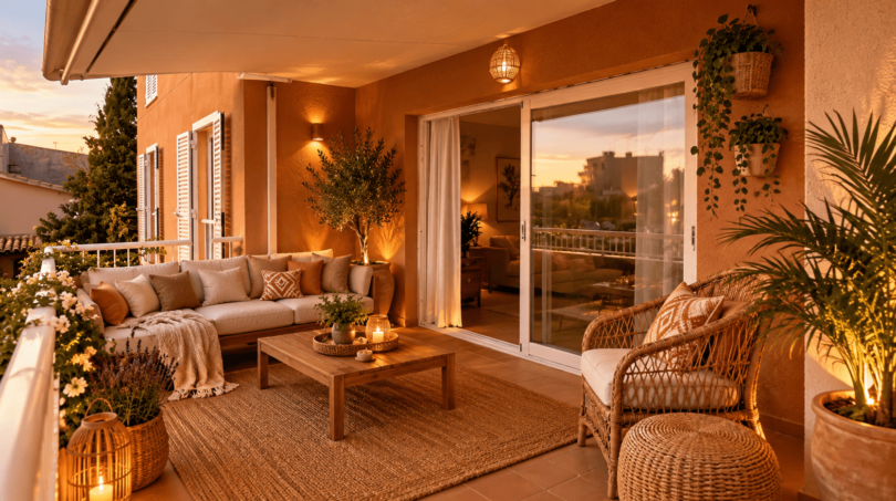 Gemütliche Dachterrasse der Ruheoase in Porto Cristo mit Rattanmöbeln, Pflanzen und warmem Abendlicht.