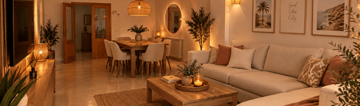 Gemütliches Wohnzimmer der Ruheoase in Porto Cristo mit warmem Licht, Naturmaterialien und offenem Essbereich.