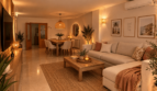 Gemütliches Wohnzimmer der Ruheoase in Porto Cristo mit warmem Licht, Naturmaterialien und offenem Essbereich.