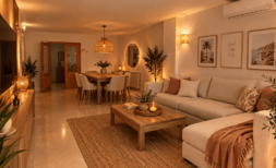 Cozy living room of the peaceful retreat in Porto Cristo with warm light, natural materials and open dining area.