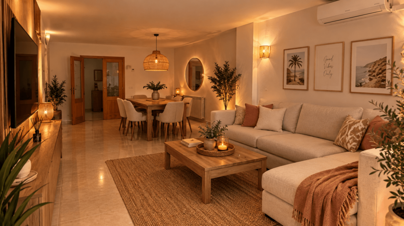 Gemütliches Wohnzimmer der Ruheoase in Porto Cristo mit warmem Licht, Naturmaterialien und offenem Essbereich.