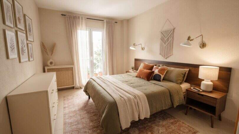Helles Schlafzimmer der Ruheoase in Porto Cristo mit Doppelbett, Holzkopfteil und Balkonzugang.