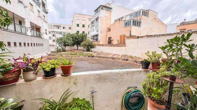 Terrasse mit Topfpflanzen und Blick auf Innenhof, umgeben von mehrstöckigen Wohngebäuden in Palma de Mallorca.