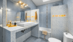 Modernes Badezimmer mit blauem Mosaikfliesenspiegel, Einbaubadewanne und Dachfenster im Stadthaus Felanitx