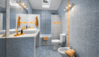 Modernes Badezimmer mit blauem Mosaikfliesen, Dachfenster, Bidet und orangefarbenen Akzenten im Stadthaus Felanitx