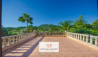 Amplia terraza en la azotea de la finca Felanitx con balaustrada, palmeras y vistas a Sant Salvador