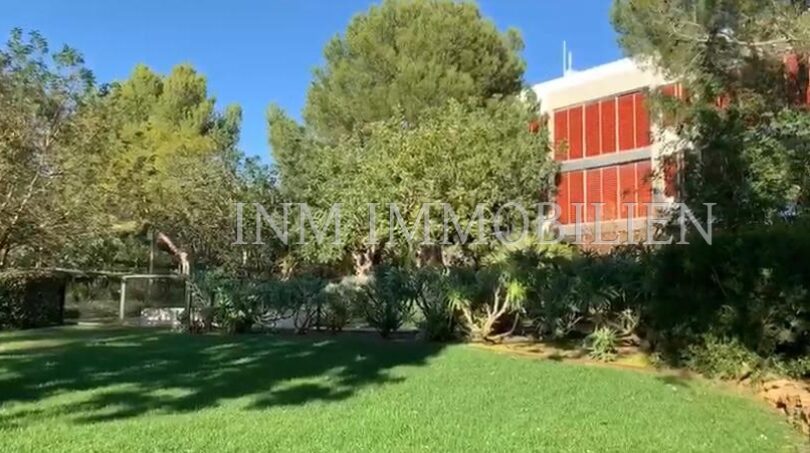Jardín cuidado con césped verde y plantas mediterráneas frente a moderno ático en Bendinat