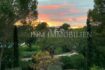Gartenanlage mit mediterraner Vegetation und Blick auf Penthouse-Komplex in Bendinat bei Sonnenuntergang.