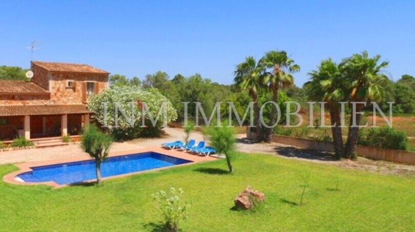 Finca near Campos: exterior view with pool, loungers, green lawn and palms under blue sky.