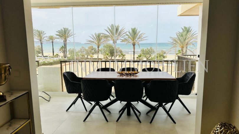 Glazed terrace with dining table, 8 chairs and direct sea view of Palma's beach with palm trees