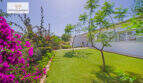 Gepflegter Garten mit grünem Rasen, Bougainvillea und Bäumen neben weißem Einfamilienhaus in Sa Ràpita.