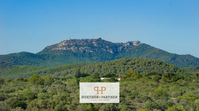 Blick auf den Puig de Sant Salvador von der Wohnung in Cales de Mallorca, umgeben von grüner Natur.