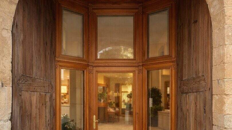 Entrada elegante con arco de medio punto de piedra natural, puerta de madera y cristaleras de una casa urbana en Llucmajor