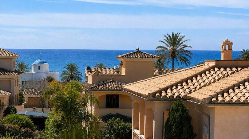 Außenansicht einer mediterranen Villa in Portixol mit Terrakotta-Dächern, Palmen und Meerblick auf Mallorca.