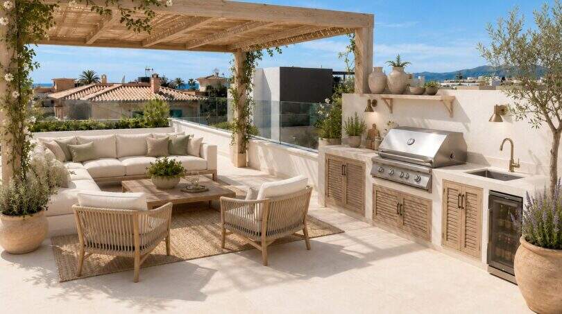 Sonnige Dachterrasse der Designvilla in Portixol mit Pergola, Loungebereich und Outdoor-Küche mit Meerblick