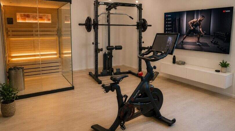 Moderner Fitnessraum mit Peloton-Bike, ATX-Kraftstation, Infrarotsauna und TV-Wandhalterung in exklusiver Villa.