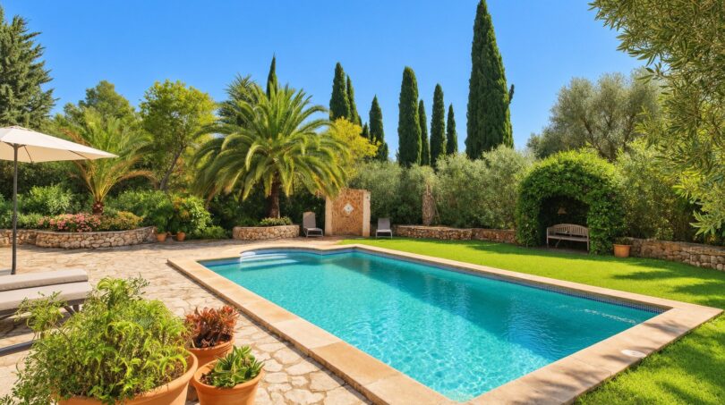 Gepflegter Außenpool der Natursteinfinca, umgeben von mediterranem Garten mit Palmen und Zypressen.