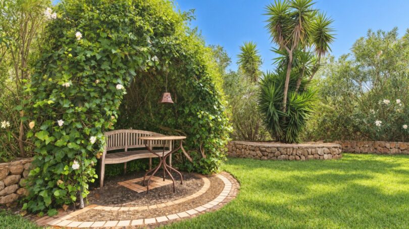 Gepflegter Garten der Natursteinfinca mit Sitzecke, Rankpflanzen-Pavillon und mediterranen Palmen.