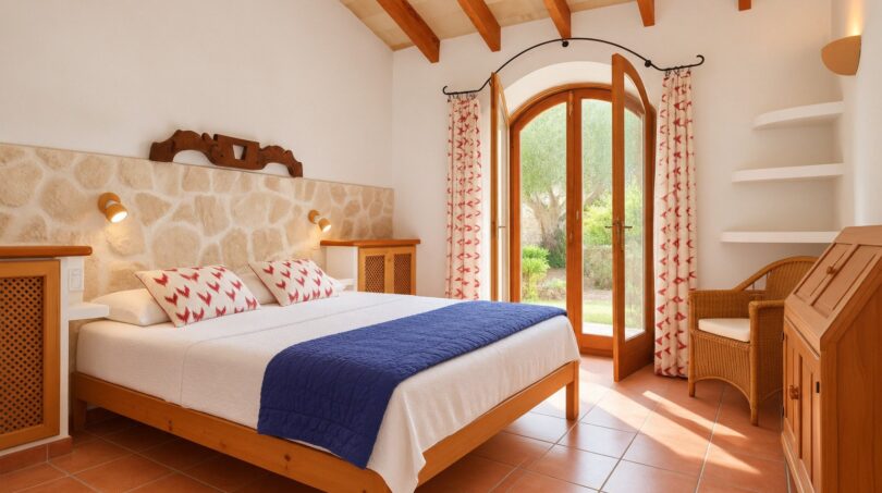 Helles Schlafzimmer der Natursteinfinca mit Holzbalkendecke, Doppelbett und Terrassentür zum Garten.