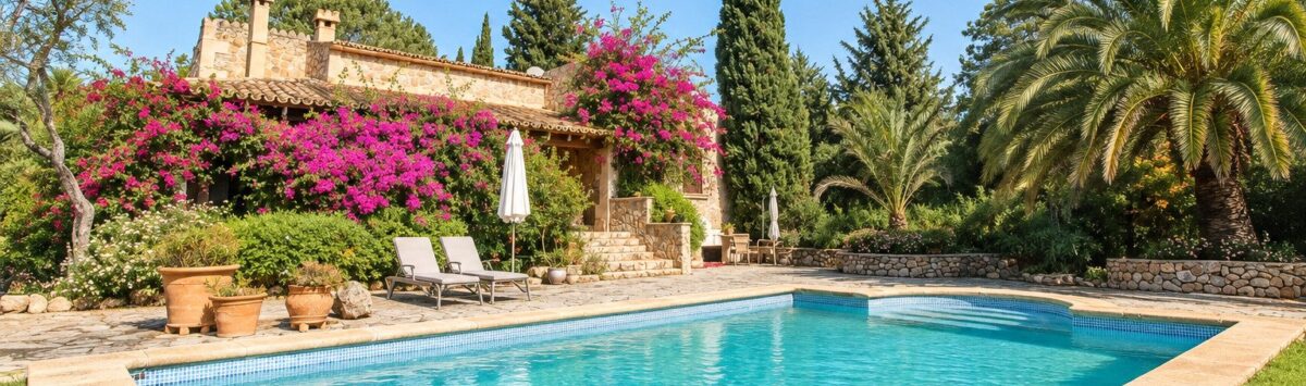 Natursteinfinca mit türkisem Pool, Bougainvillea-Bewuchs, Palmen und mediterranem Garten bei blauem Himmel.
