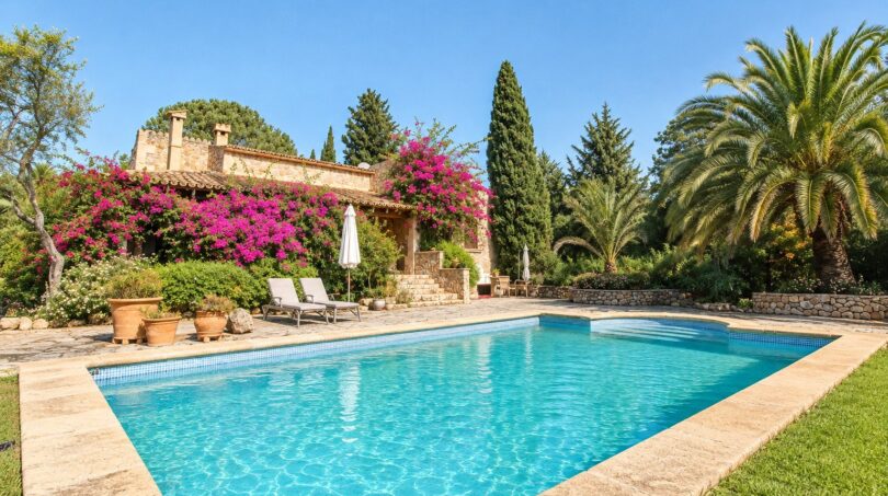 Natursteinfinca mit türkisem Pool, Bougainvillea-Bewuchs, Palmen und mediterranem Garten bei blauem Himmel.