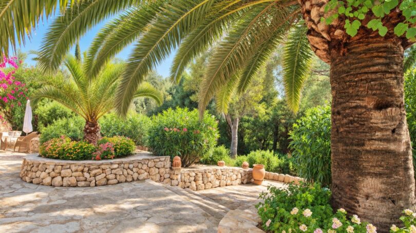 Gepflegter Außenbereich der Natursteinfinca mit Palmen, Blumen und mediterranem Natursteinpflaster.