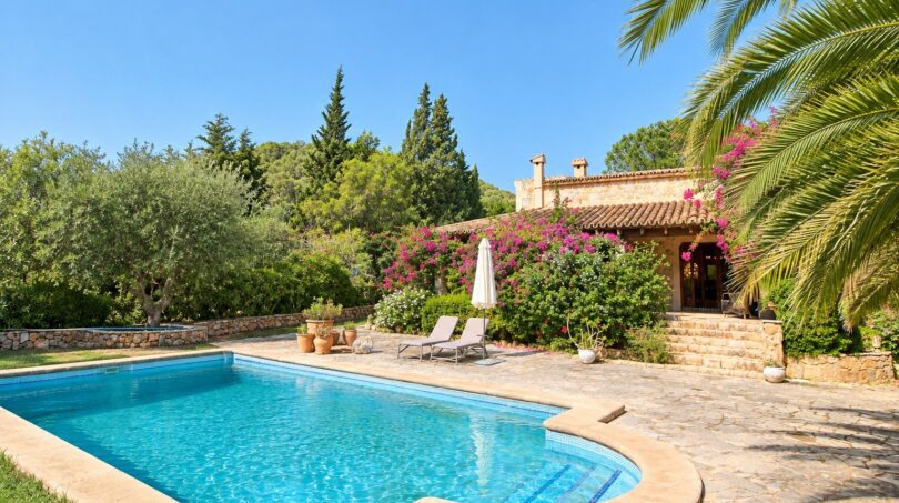 Natursteinfinca mit türkisblauem Pool, Liegestühlen und blühender Bougainvillea im gepflegten Garten.