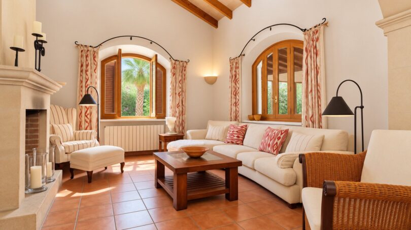 Helles Wohnzimmer der Natursteinfinca mit Kamin, Holzbalkendecke, Bogenfenstern und mediterranem Flair.