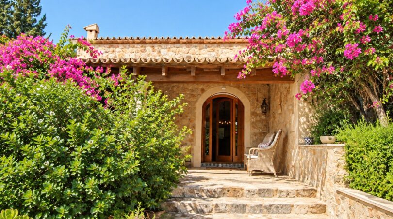 Eingang der Natursteinfinca mit Bougainvillea, Holzbogentor, Steinterrasse und Korbsessel unter blauem Himmel.
