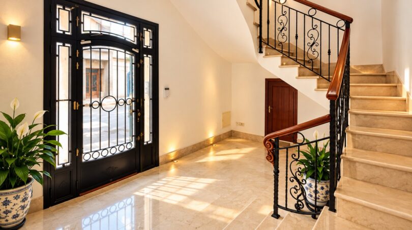 Repräsentativer Eingangsbereich mit eleganter Treppe und hochwertigen Schmiedeeisen-Geländern