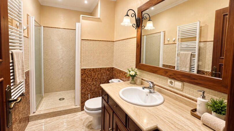 Modernes Badezimmer mit ebenerdiger Dusche und großflächigem Waschtisch