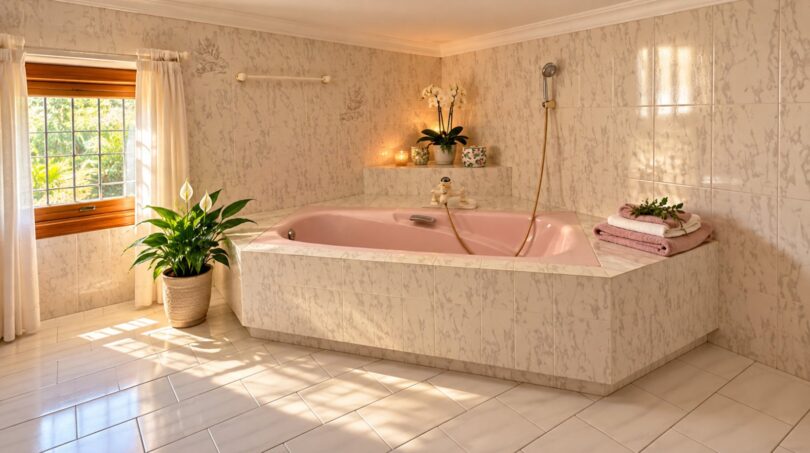 Luxuriöses Badezimmer mit freistehender Wanne und marmorierten Wandflächen - Wellness-Oase mit Tageslicht