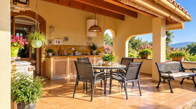 Überdachte Außenküche mit integrierter Theke und eleganten Bogenöffnungen zum Panoramablick