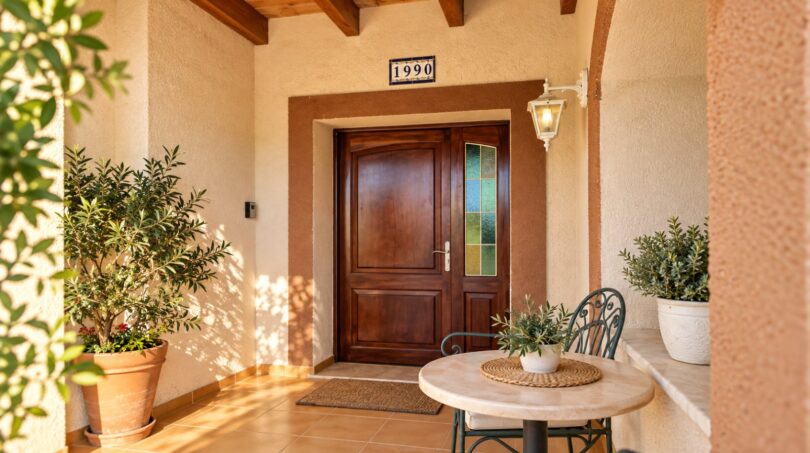 Eleganter Eingangsbereich mit massiver Holztür und überdachter Loggia