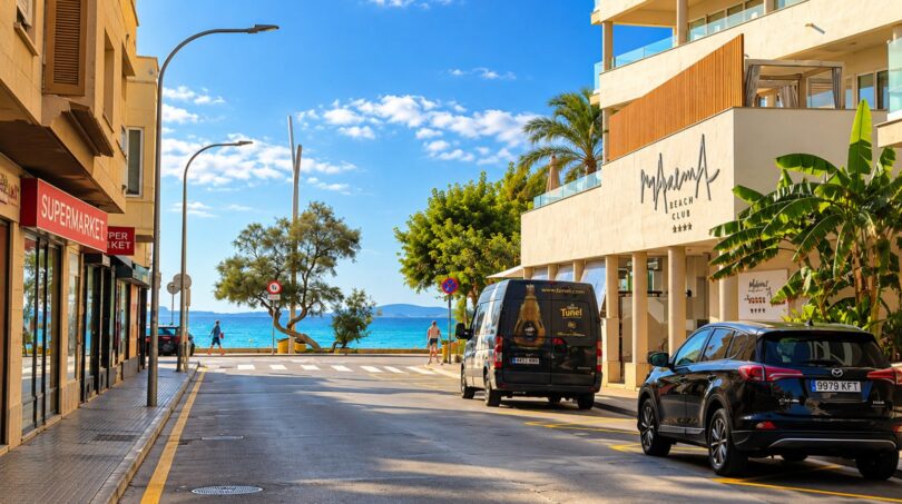 Strandnahe Straße in Playa de Palma mit Meerblick, Beach Club und Supermarkt in sonniger Lage