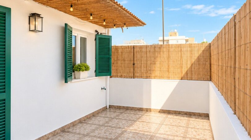 Sonnige Terrasse mit Pergola und privater Gartengestaltung